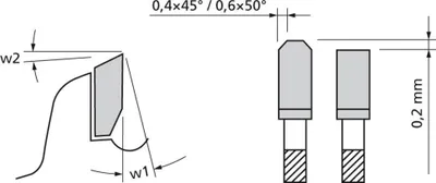 Diagrams illustrating dimensions and angles of a cutting tool, possibly a saw blade, with two views of the tool itself.