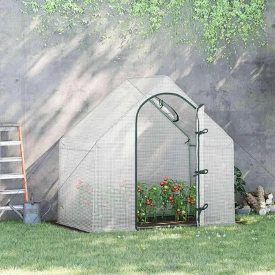 Produktbild von Gewächshaus, 180 x 100 x 168 cm Foliengewächshaus mit Rolltür, Treibhaus, Tomatenhaus mit Obenfenster, PE-Gitterfolie, Winterfest Pflanzenhaus für Garten, Balkon, Weiß