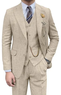 Produktbild von Retro-Herrenanzug, 3-teilig, Tweed, Fischgrätenmuster, schmale Passform, Anzüge