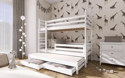 Produktbild von Hochbett 90x200 mit Ausziehbett Etagenbett mit Ausziehfunktion, drei Matratzen, zwei Schubladen, Lattenrost, Rausfallschutz, umbaubar in drei Einzelbetten, Vollholz massiv in weiss