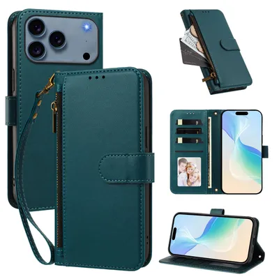 Produktbild von Geldbörse Hülle für iPhone 18 Pro / iPhone 17 Pro, Kunstleder Handyhülle mit Kartenfächer, Ständer, Handschlaufe Grün