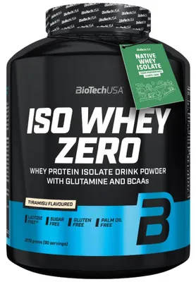 Produktbild von BioTechUSA Iso Whey Zero, Pulver, Milcheiweiß, Molkenprotein isoliert, Tiramisu, L-Alanin, L-Asparaginsäure, L-Cystein, L-Glutaminsäure, L-Glutamin, L-Glycin, L-Histidin,..., 21 g, 93 kcal