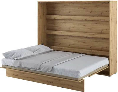 A murphy bed is shown in its open state, with the mattress and bedding visible.