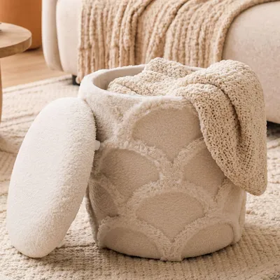 Obrázek produktu pro Puf WOHNLING s úložným prostorem, potažený plyšovou látkou, 40 cm, krémově bílý, kulatý design, boho styl, s odnímatelným víkem. Polstrovaný puf, ideální do obývacího pokoje, ručně vyrobený