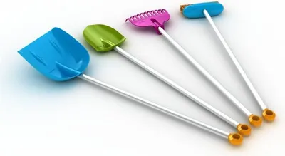 Four garden tools for children, including a shovel, a rake, and a broom, arranged diagonally on a white background.