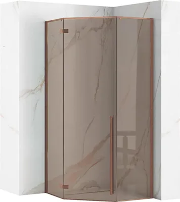 A corner shower cabin with bronze-colored frames and tinted glass, set against a marble-patterned wall.