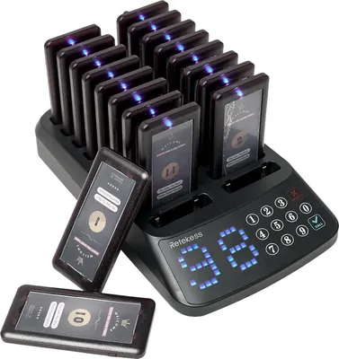 Productafbeelding van Retekess T115 Draadloos oproepsysteem, klantensysteem, zender met 99 kanalen en toetsenbord, met 18 oplaadbare pagers, geschikt voor: particuliere kliniek, restaurant, hotel