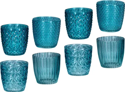 Produktbild von 8er Set Windlicht H7,5cm Glas Türkis Teelichthalter Tischdeko Kerzen Retro Deko