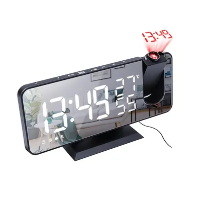 Produktbild von LED-Radiowecker mit Spiegeldisplay 7,5", 180° Projektion, Dual-Wecker, USB-Ladeanschlüsse, Snooze, Einschlaftimer, 4 Helligkeitsstufen