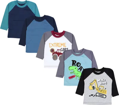 Produktbild von TupTam Baby Jungen Langarmshirt Gestreift 5er Set, Farbe: Bagger Monster Tuck Dino Grau Blau Grün, Größe: 68