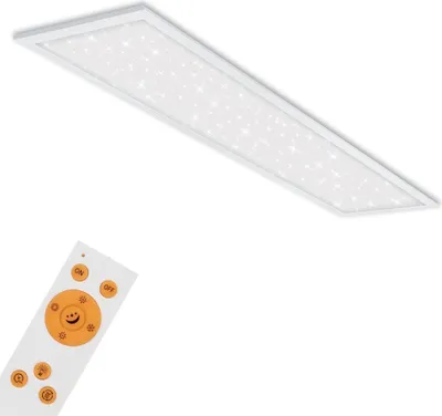 A white LED panel light with a star-like pattern and a white remote control with orange buttons are shown against a white background.