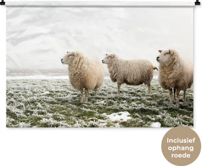 Produktbild von MuchoWow® Wandteppich Wandbehang Schafe - Nebel - Winter 120x80 cm Tapisserie Dekoration Wandtuch - Wanddekorationen - Wandtücher