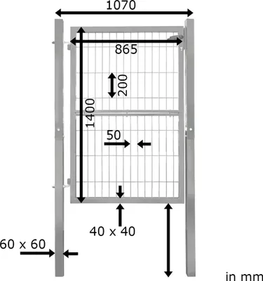 A diagram of a metal garden gate with dimensions indicated.