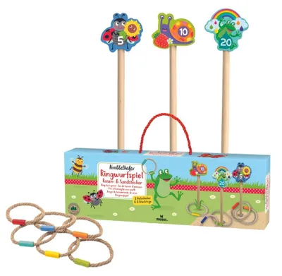 Produktbild von Wurfringspiel Ringwerfen Geschicklichkeitsspiel - 3 Holzfiguren - 6 Wurfringe - Für draußen