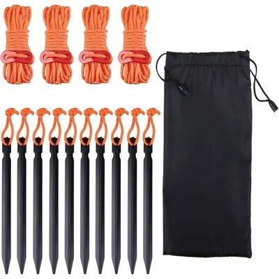 Productafbeelding van Set aluminium tentstokken en spanlijnen, reflecterend, oranje: 4 spanlijnen, 10 haringen