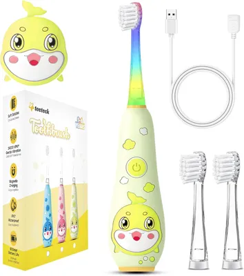 Produktbild von Elektrische Kinderzahnbürste ab 1-6 Jahre mit LED Licht, 2 Bürstenköpfen, 24000 Vibrationen, USB Ladung, IPX7 wasserdicht, Timer