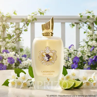 A perfume bottle is displayed on a table with flowers and lime slices, set against a backdrop of a white railing and blooming plants.