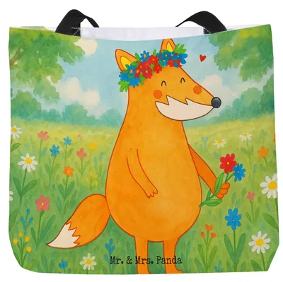 Produktbild von Mr. & Mrs. Panda Tote Bag Fuchs Blumen Design - Weiß - Geschenk, Strandtasche, Freundin, Tasche, Boho, Einkaufstasche, Freundinnen, Laptoptasche, Blumenliebe, Reisetasche