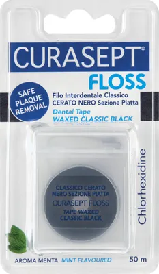Produktbild von Curasept Dental Floss Tape  -  schwarz gewachst mit CHX 50 m
