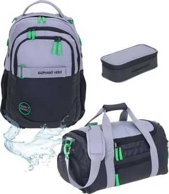 Produktbild von Schulrucksack Jungen 3 Teile Set Elephant Hero Signature Rucksack Schultasche Sporttasche Mäppchen Box 13047 Color Block Grau Grün rsm