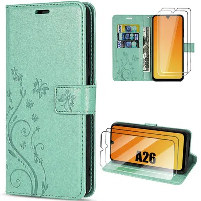 Image de Coque + 2 Verres Trempés pour Samsung Galaxy A26 5G, Flip Case Cuir Synthétique Motif Relief Floral Papillon - Vert