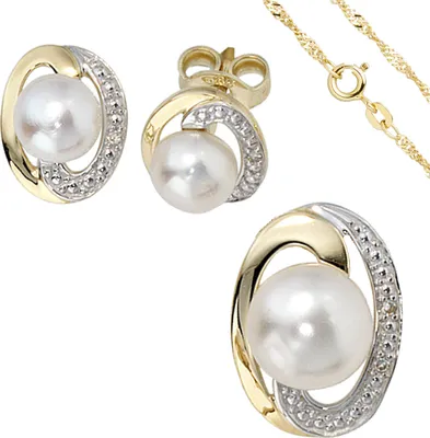Produktbild von Schmuck-Set 585 Gelbgold 3 Perlen 4 Diamanten Ohrringe Anhänger Kette 42cm