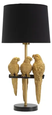 Image de Lampe de table Pappagalli en résine dorée avec abat-jour en tissu noir