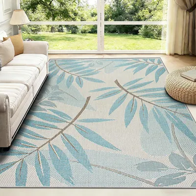 Image de Tapis bleu à poils courts, lavable, motif floral, 180x250 cm, antidérapant