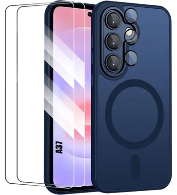 Image de Coque + 2 Verres Trempés pour Samsung Galaxy A37 5G, Antichoc avec Anneau Magnétique - Bleu Marine