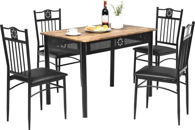 Immagine prodotto di Tavolo da pranzo con 4 sedie, set da pranzo da 5 pezzi, set da pranzo con sedie imbottite e struttura in metallo, set da pranzo moderno con tavolo da cucina e 4 sedie, set da pranzo e salotto (nero)