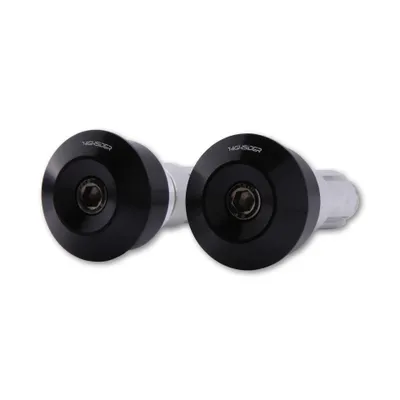 Two black handlebar weights with silver inserts, shown against a white background.