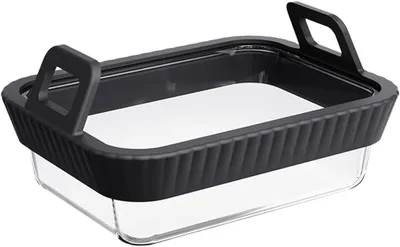 Produktbild von Quadratische Glasbackform für die Heißluftfritteuse mit Silikongriff, hitzebeständige Auflaufform und spülmaschinenfestes Zubehör zum schonenden Garen (1 Schwarz)