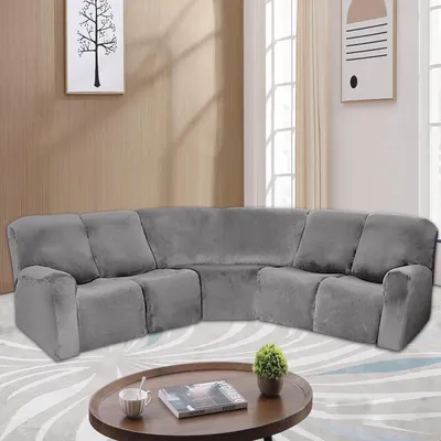 Produktbild von Liegestuhl Schonbezug, L-Form Abschnitt Ecksofabezug Liegestuhl Sofabezüge, 5 Sitzer Samt Stretch Liege Couchbezüge zum Liegen L-Form Sofa,Grau