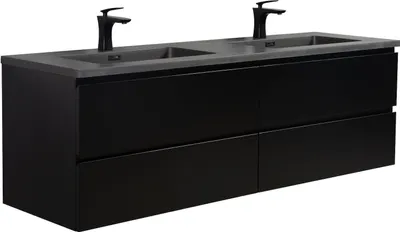 A black bathroom vanity with a double sink and black faucets is shown against a white background.