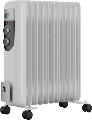A white oil-filled radiator heater with black wheels and control knobs, shown against a white background.