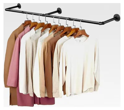 Produktbild von Wandmontierte Kleiderstange 184 cm aus Metall, abnehmbar, für platzsparendes Aufhängen von Kleidung im Schlafzimmer, schwarze industrielle Rohrkleiderstange