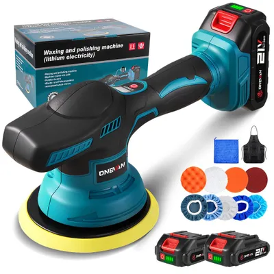 Produktbild von Poliermaschine Auto Akku, 150 mm Exzenter Poliermaschine 8 Variablen Geschwindigkeiten 7800 U/min mit 2x Akkus für die Auto-Detailpflege