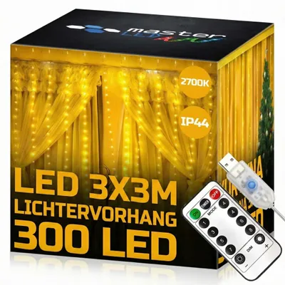 Obrázok produktu pre Svetelný záves MasterLED LED 3x3 m - 300 LED - 2700K teplá biela - diaľkové ovládanie - 8 režimov - možnosť strihania na mieru - IP44 - interiérová dekorácia - USB