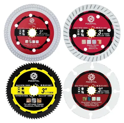 Image de Jeu de 4 disques de coupe diamant de 75 mm de diamètre et de 10 mm de diamètre de perçage, pour carrelage, bois, béton et métal