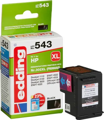A product shot of an edding brand black ink cartridge and its packaging.