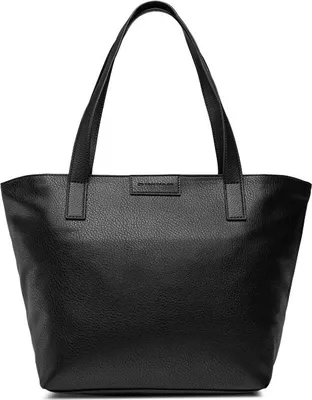 A black leather tote bag with handles and a small rectangular logo plate.
