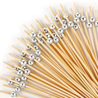Immagine prodotto di Spiedini per cocktail, 100 pezzi, in legno con perline argentate, ideali per finger food e cocktail, lunghezza 11,9 cm