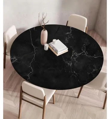 Productafbeelding van Ronde tafelkleed, afwasbaar, 90 cm, zwart, marmerprint, elastisch, waterdicht, geschikt voor buiten