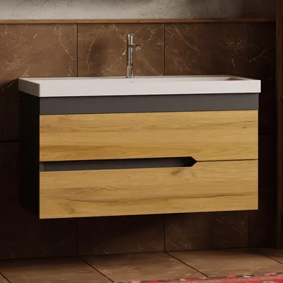 Produktbild von Waschtisch mit Unterschrank 100 cm Eiche | Waschbeckenunterschrank & Keramik