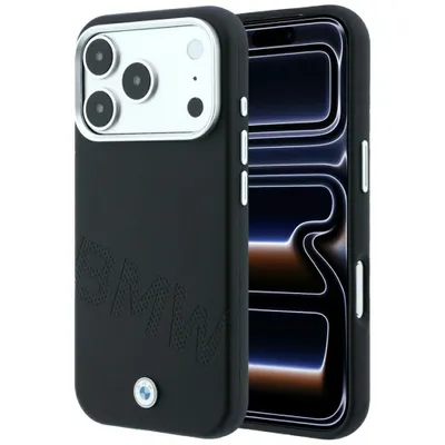 Image de Coque pour iPhone 18 Pro, en simili cuir noir, avec logo BMW en relief, compatible MagSafe