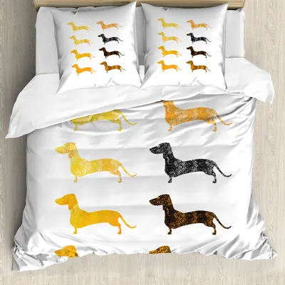 Produktbild von ABAKUHAUS Dackel Bettbezug Set, Vintage Dog Silhouettes mit einem Grunge Theme Haustiere Muster, 155 x 220 cm + 80 x 80 cm, Marigold Schwarz Orange