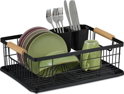 Image de Relaxdays : égouttoir, panier à couverts et bac d'égouttage, support à vaisselle de cuisine, grille d'égouttage, plastique, métal, noir