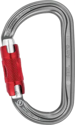 HMS-Karabiner "Am D" von Petzl in silber und rot; geeignet für Klettern.