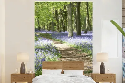 Produktbild von MuchoWow® Fototapete für Wohnzimmer oder Schlafzimmer Wandtapete Vinyl Motivtapete Wald - Weg - Blumen - Lila - Grün - Natur - 155x240 cm - Tapete
