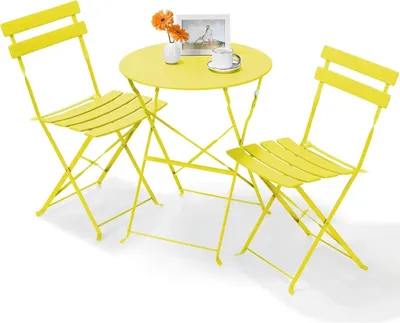 Zdjęcie produktu dla Zestaw bistro - 3-częściowy zestaw ogrodowy - Składany - Stół 60×60×72 cm - Dwa krzesła - Żelazo - Na balkon i taras - Żółty
